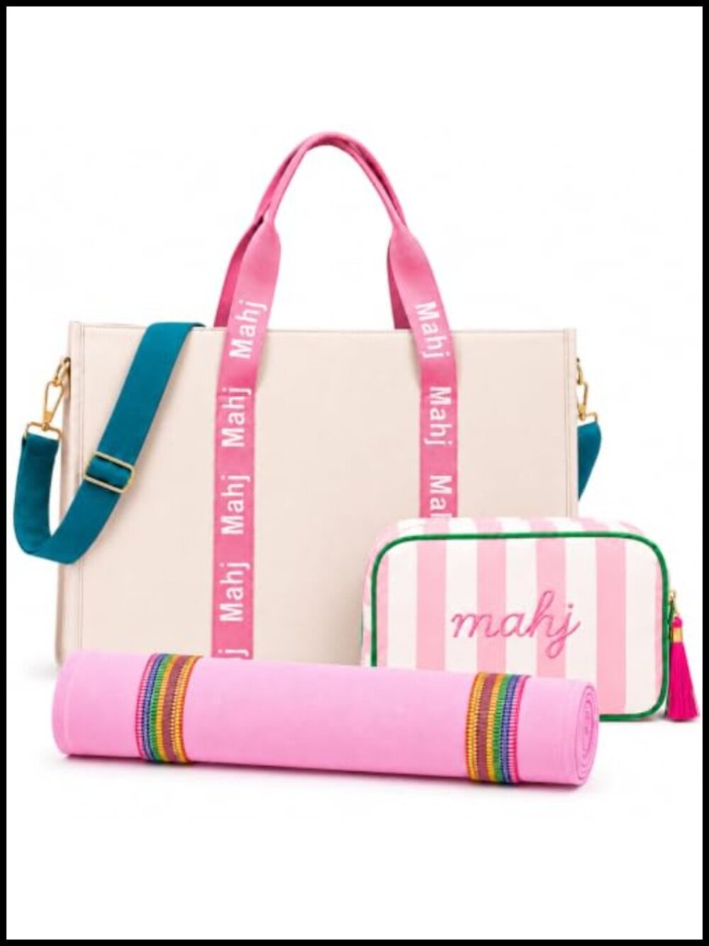 American Mahjong 3-Piece Canvas Travel Bag Set with Tote, Pouch & Rack Sleeve